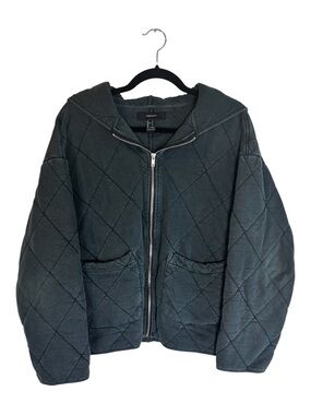 Forever 21 Quilted Hooded Zip Jacket in Charcoal Gray
